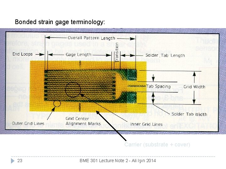 Bonded strain gage terminology: Carrier (substrate + cover) 23 BME 301 Lecture Note 2