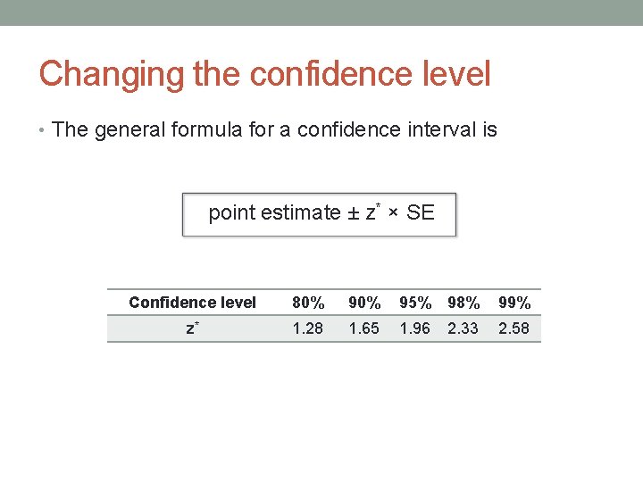 Changing the confidence level • The general formula for a confidence interval is point