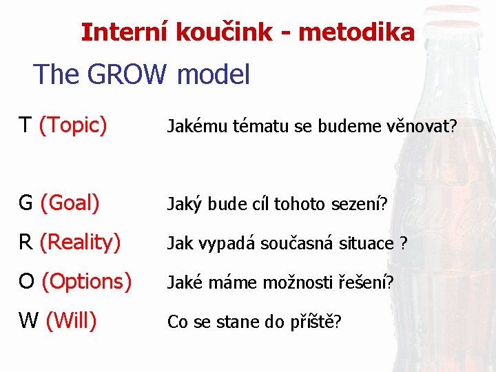 Interní koučink - metodika The GROW model T (Topic) Jakému tématu se budeme věnovat?