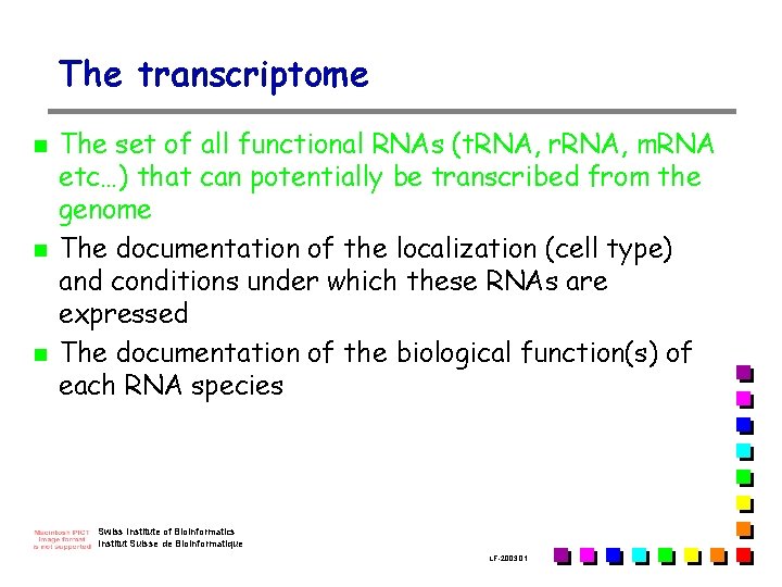 The transcriptome n n n The set of all functional RNAs (t. RNA, r.
