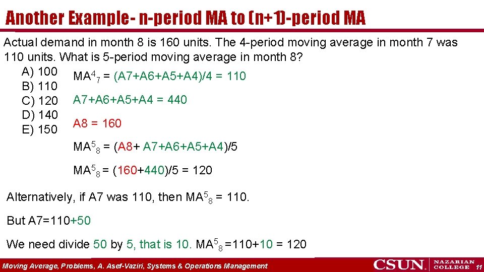 Another Example- n-period MA to (n+1)-period MA Actual demand in month 8 is 160
