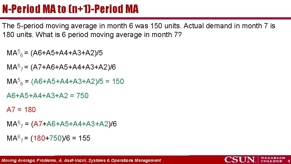 N-Period MA to (n+1)-Period MA The 5 -period moving average in month 6 was