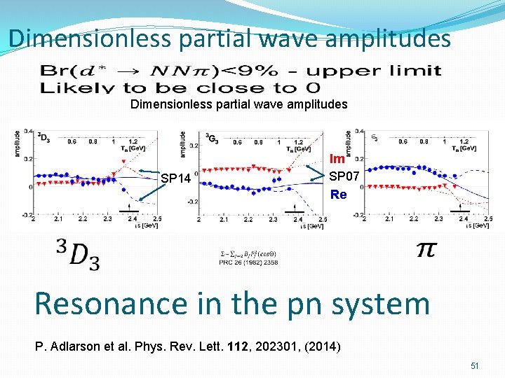 Dimensionless partial wave amplitudes SP 14 Im SP 07 Re Resonance in the pn