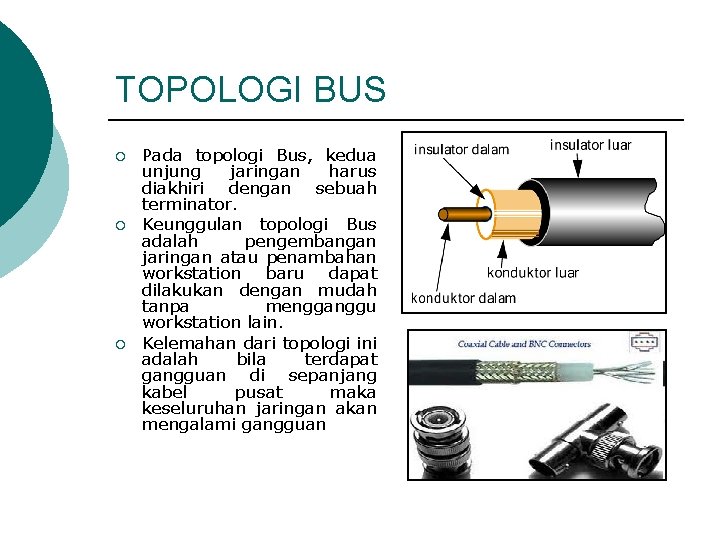 TOPOLOGI BUS ¡ ¡ ¡ Pada topologi Bus, kedua unjung jaringan harus diakhiri dengan