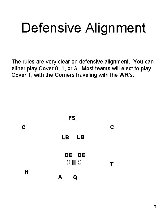 Defensive Alignment The rules are very clear on defensive alignment. You can either play