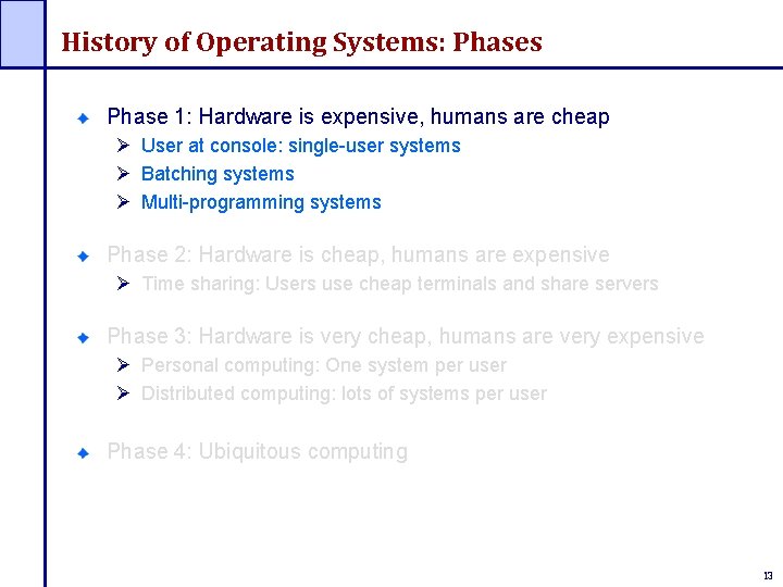 History of Operating Systems: Phases Phase 1: Hardware is expensive, humans are cheap Ø History of Operating Systems: Phases Phase 1: Hardware is expensive, humans are cheap Ø