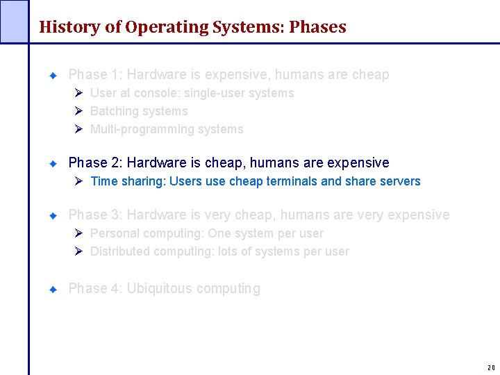 History of Operating Systems: Phases Phase 1: Hardware is expensive, humans are cheap Ø History of Operating Systems: Phases Phase 1: Hardware is expensive, humans are cheap Ø