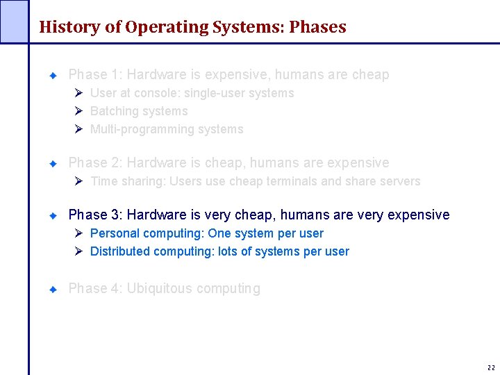 History of Operating Systems: Phases Phase 1: Hardware is expensive, humans are cheap Ø History of Operating Systems: Phases Phase 1: Hardware is expensive, humans are cheap Ø