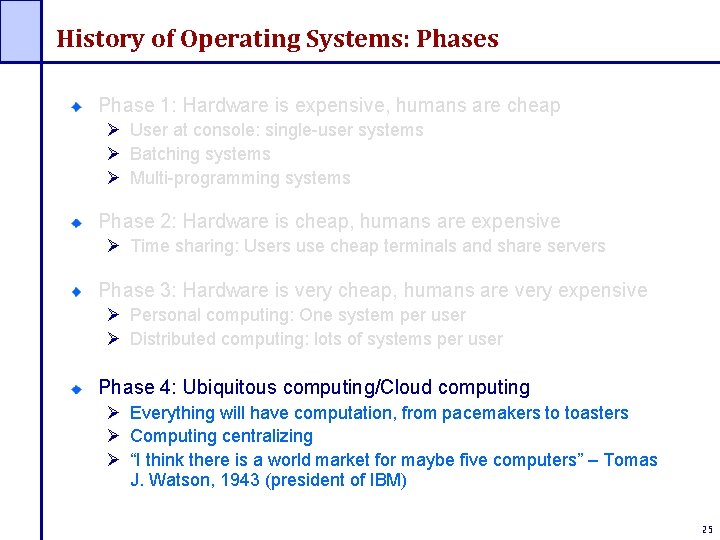 History of Operating Systems: Phases Phase 1: Hardware is expensive, humans are cheap Ø History of Operating Systems: Phases Phase 1: Hardware is expensive, humans are cheap Ø