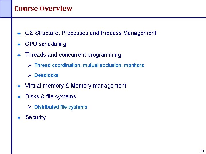 Course Overview OS Structure, Processes and Process Management CPU scheduling Threads and concurrent programming Course Overview OS Structure, Processes and Process Management CPU scheduling Threads and concurrent programming