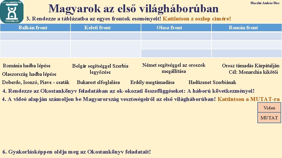 Maczkó András Pécs Magyarok az első világháborúban 3. Rendezze a táblázatba az egyes frontok