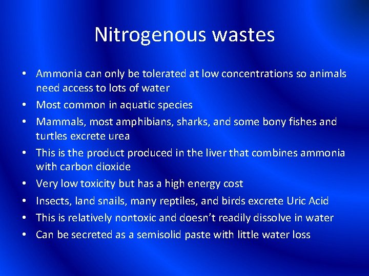 Nitrogenous wastes • Ammonia can only be tolerated at low concentrations so animals need