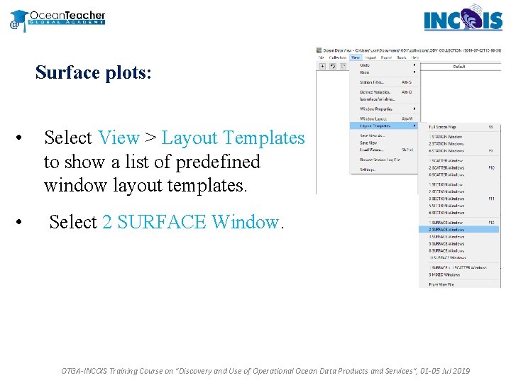 Surface plots: • Select View > Layout Templates to show a list of predefined