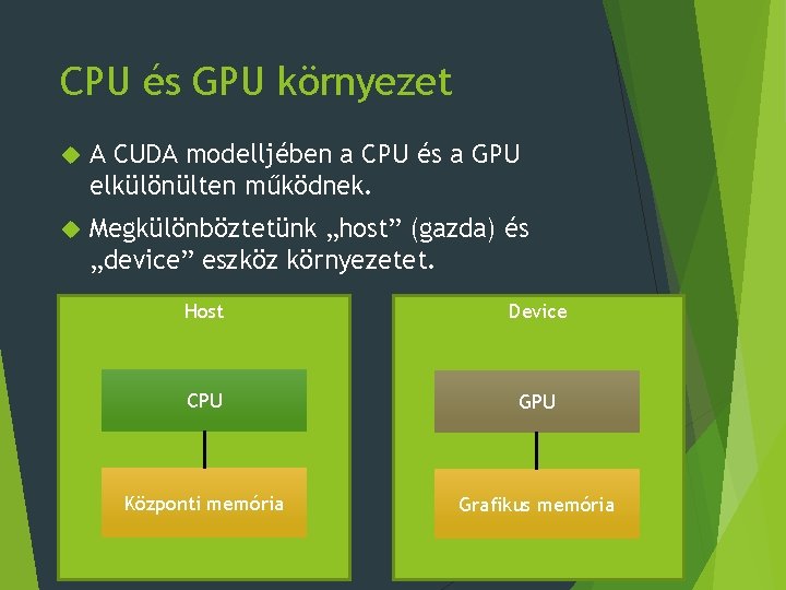 CPU és GPU környezet A CUDA modelljében a CPU és a GPU elkülönülten működnek.