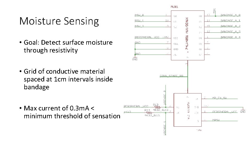 Moisture Sensing • Goal: Detect surface moisture through resistivity • Grid of conductive material