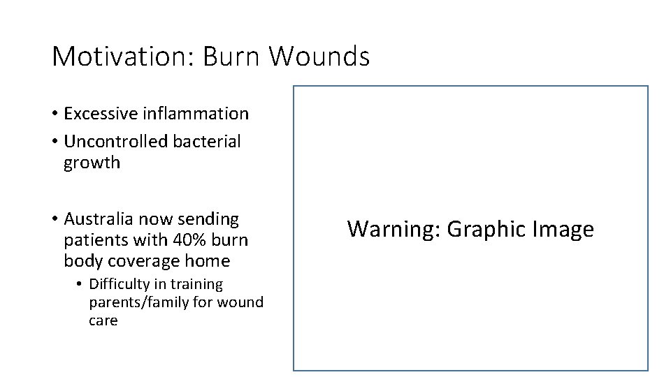 Motivation: Burn Wounds • Excessive inflammation • Uncontrolled bacterial growth • Australia now sending