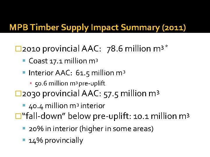 MPB Timber Supply Impact Summary (2011) � 2010 provincial AAC: 78. 6 million m