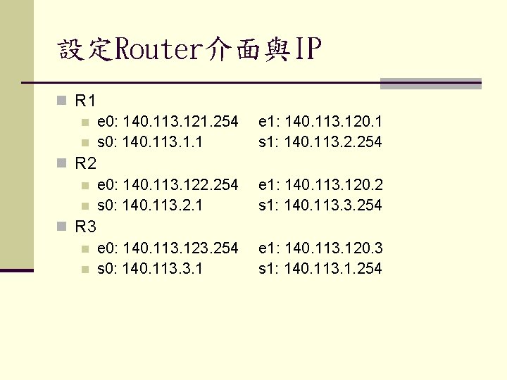 設定Router介面與IP n R 1 n n e 0: 140. 113. 121. 254 s 0: