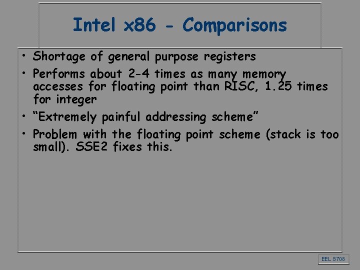 Intel x 86 - Comparisons • Shortage of general purpose registers • Performs about