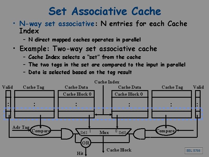 Set Associative Cache • N-way set associative: N entries for each Cache Index –