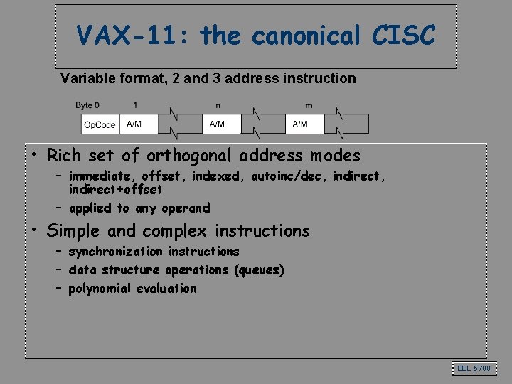 VAX-11: the canonical CISC Variable format, 2 and 3 address instruction • Rich set