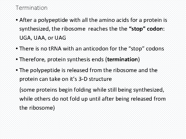 Termination • After a polypeptide with all the amino acids for a protein is