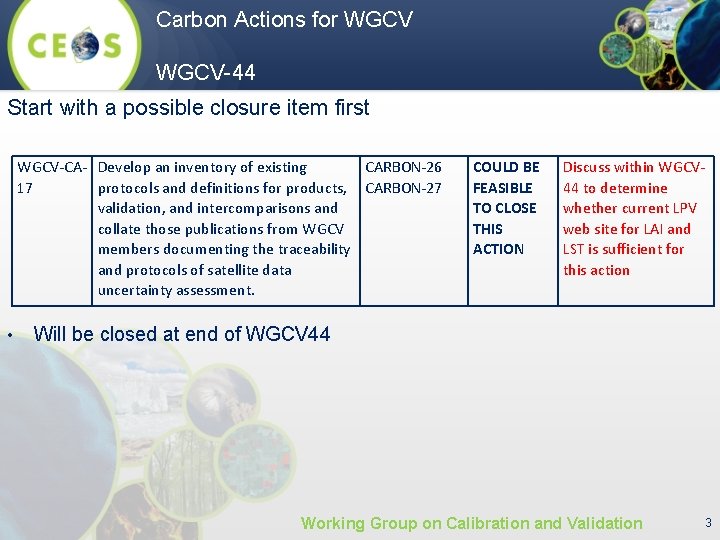 Carbon Actions for WGCV-44 Start with a possible closure item first WGCV-CA- Develop an
