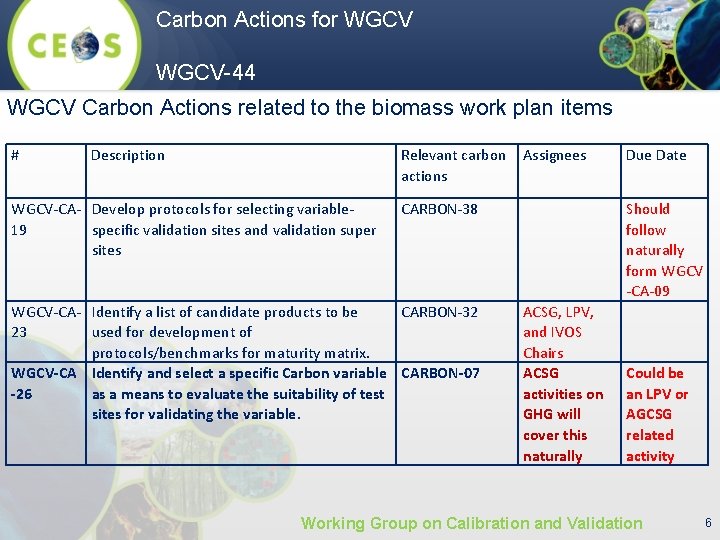 Carbon Actions for WGCV-44 WGCV Carbon Actions related to the biomass work plan items