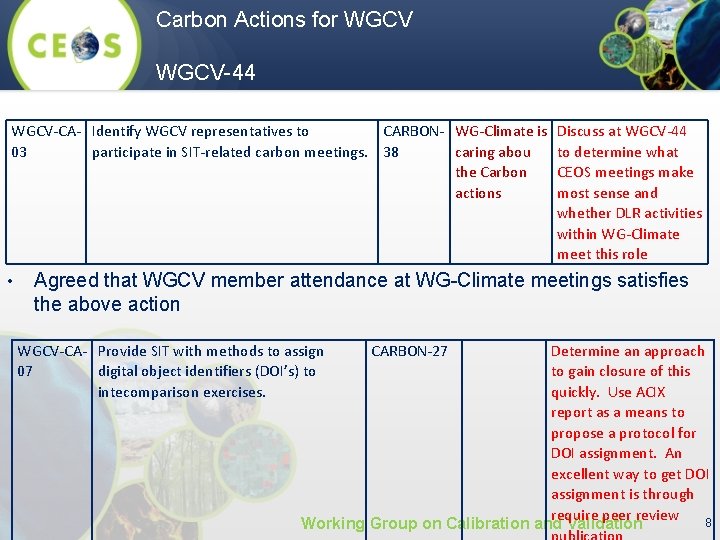 Carbon Actions for WGCV-44 WGCV-CA- Identify WGCV representatives to CARBON- WG-Climate is 03 participate