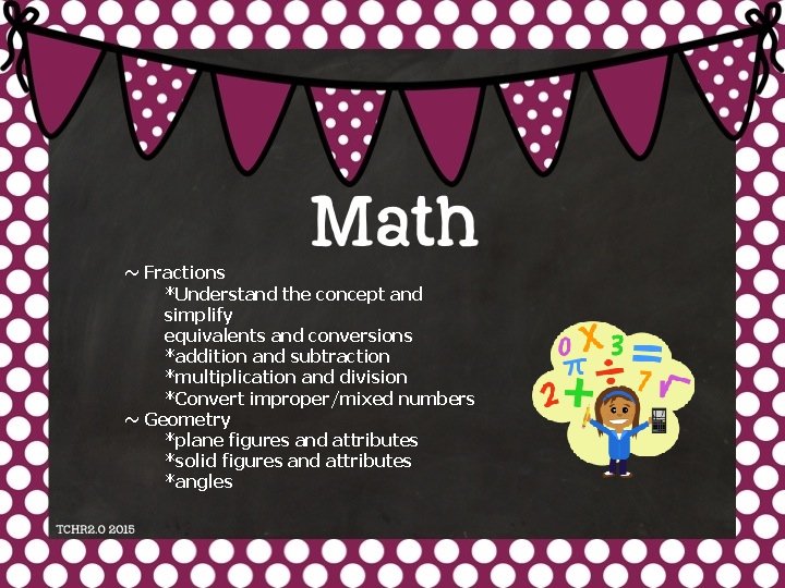 ~ Fractions *Understand the concept and simplify equivalents and conversions *addition and subtraction *multiplication