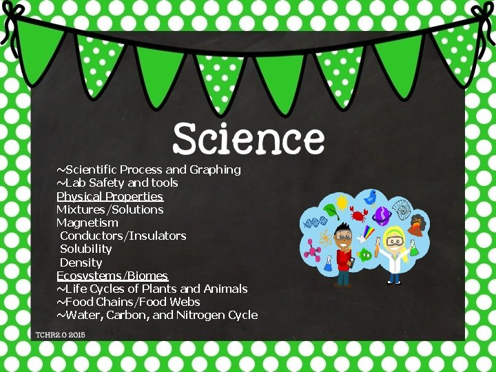 ~Scientific Process and Graphing ~Lab Safety and tools Physical Properties Mixtures/Solutions Magnetism Conductors/Insulators Solubility