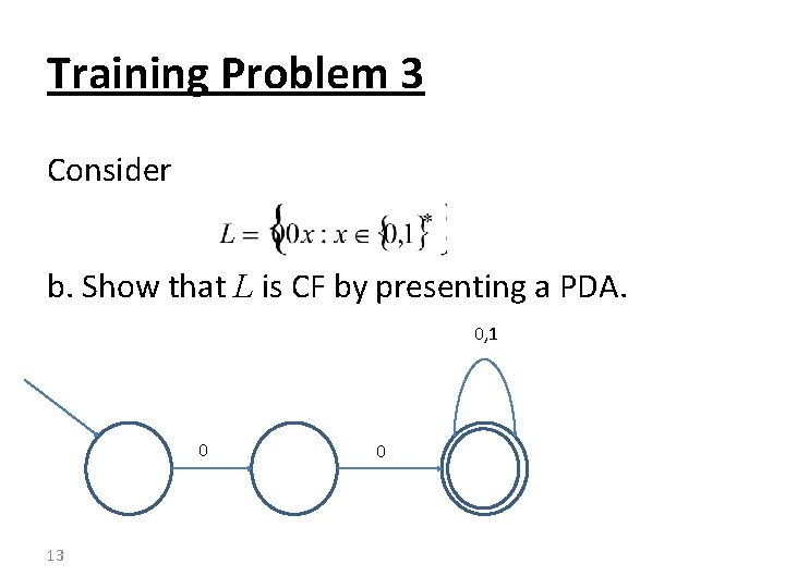 Training Problem 3 Consider b. Show that L is CF by presenting a PDA.