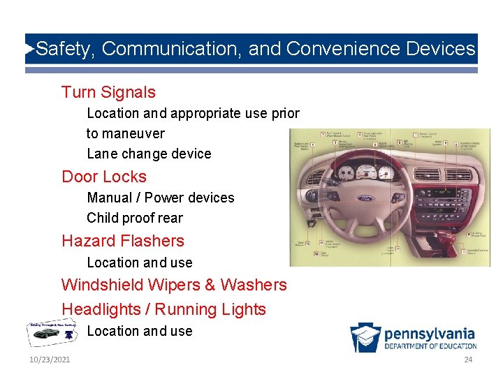 Safety, Communication, and Convenience Devices Turn Signals Location and appropriate use prior to maneuver