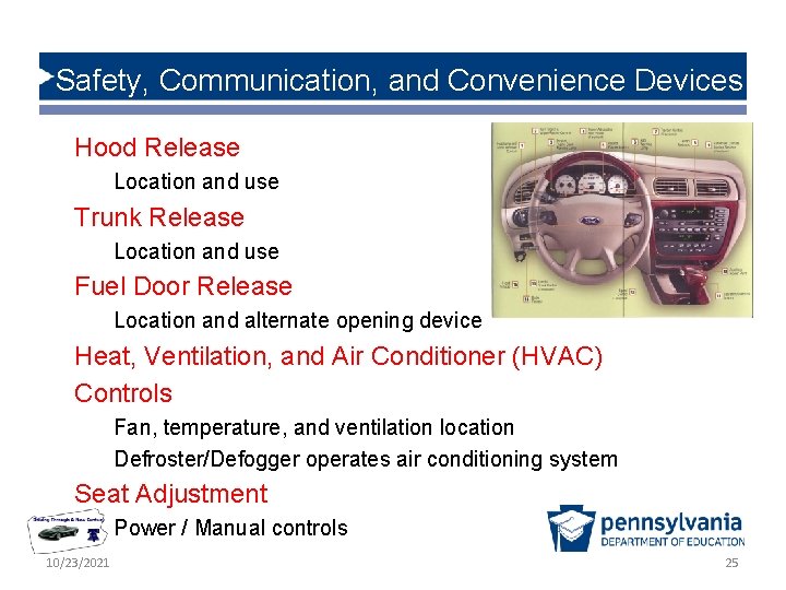 Safety, Communication, and Convenience Devices Hood Release Location and use Trunk Release Location and