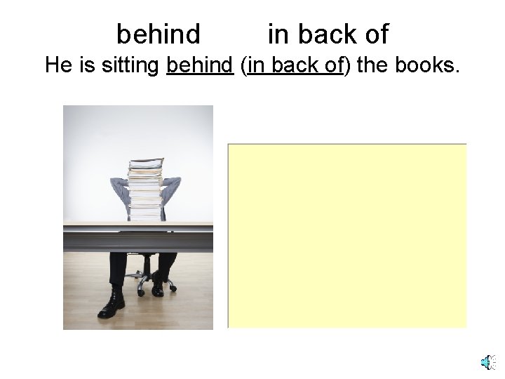 behind in back of He is sitting behind (in back of) the books. 