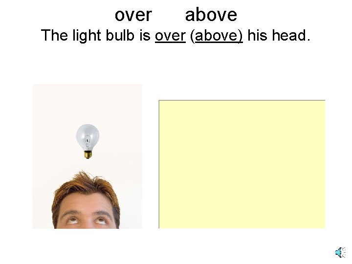 over above The light bulb is over (above) his head. 