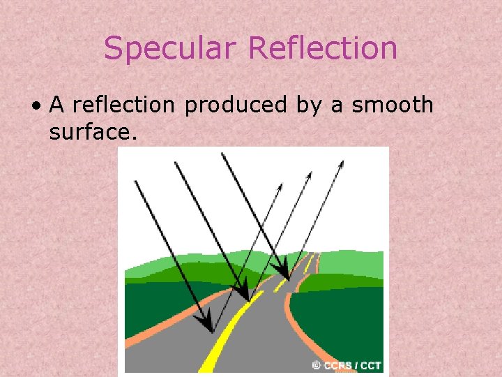 Specular Reflection • A reflection produced by a smooth surface. 