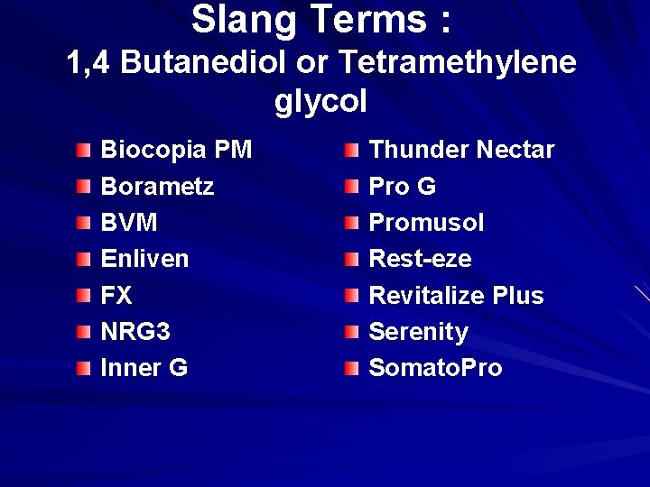 Slang Terms : 1, 4 Butanediol or Tetramethylene glycol Biocopia PM Borametz BVM Enliven