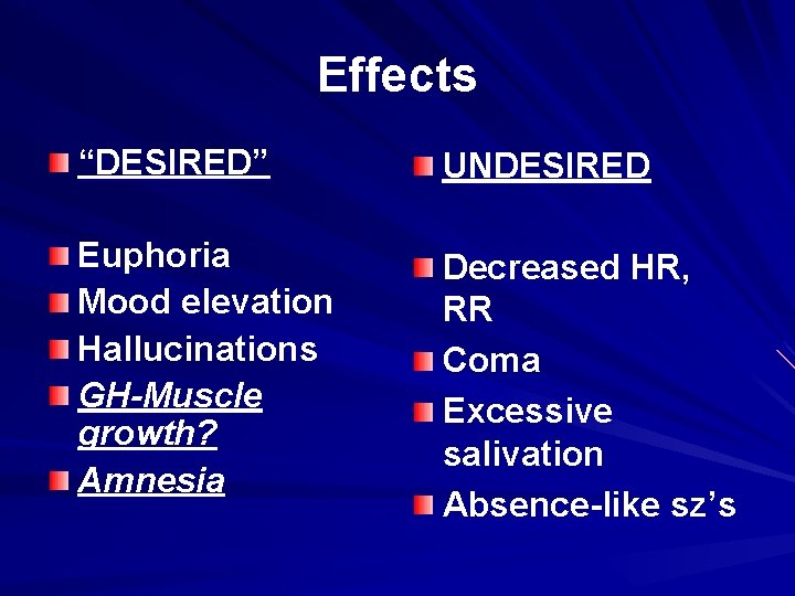 Effects “DESIRED” UNDESIRED Euphoria Mood elevation Hallucinations GH-Muscle growth? Amnesia Decreased HR, RR Coma