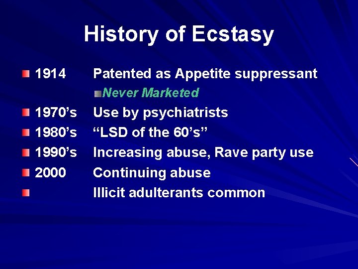 History of Ecstasy 1914 Patented as Appetite suppressant Never Marketed 1970’s 1980’s 1990’s 2000