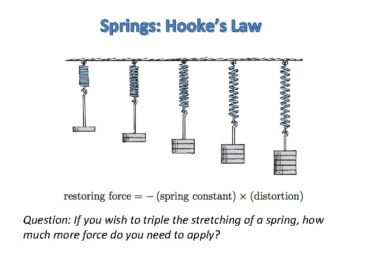 Springs: Hooke’s Law Question: If you wish to triple the stretching of a spring,