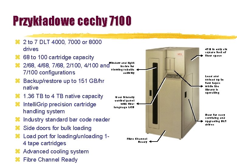 Przykładowe cechy 7100 z 2 to 7 DLT 4000, 7000 or 8000 drives z