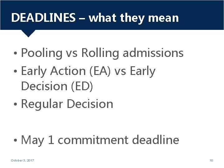 DEADLINES – what they mean • Pooling vs Rolling admissions • Early Action (EA)
