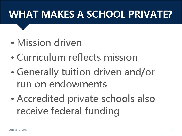 WHAT MAKES A SCHOOL PRIVATE? • Mission driven • Curriculum reflects mission • Generally