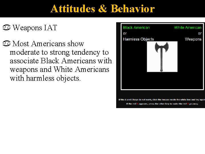 Attitudes & Behavior Weapons IAT Most Americans show moderate to strong tendency to associate