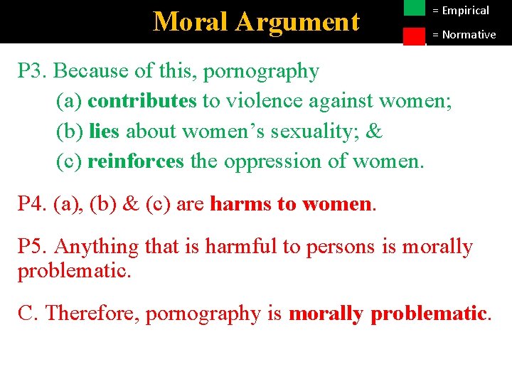 Moral Argument = Empirical = Normative P 3. Because of this, pornography (a) contributes