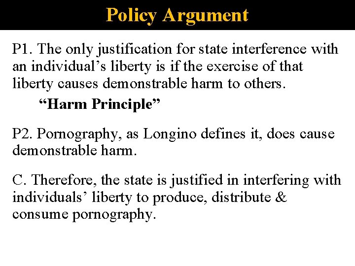 Policy Argument P 1. The only justification for state interference with an individual’s liberty