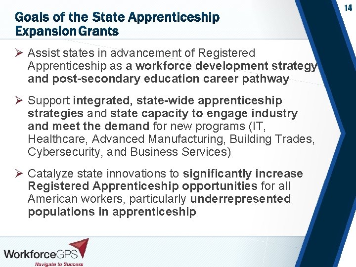 14 Ø Assist states in advancement of Registered Apprenticeship as a workforce development strategy