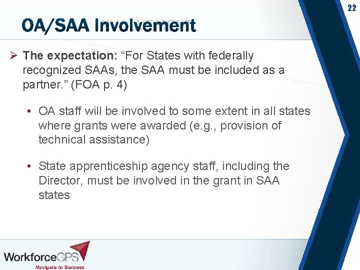 22 OA/SAA INVOLVEMENT Ø The expectation: “For States with federally recognized SAAs, the SAA