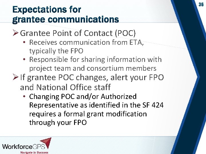 36 Ø Grantee Point of Contact (POC) • Receives communication from ETA, typically the